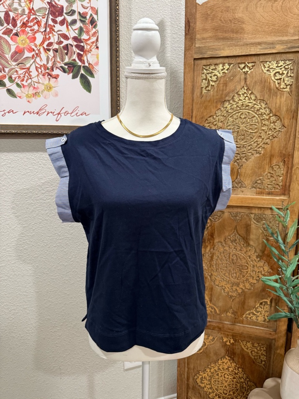 Trueself Navy Knit Top with Striped  Sleeves 0021